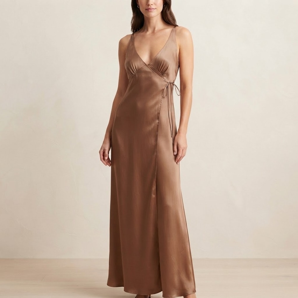 Vintage Vanity Fair Size 34 Bronze Brown Wrap Slip Dress Maxi Long V-Neck Slip